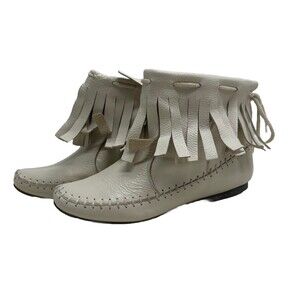 Steve Madden Bone Ivory Leather Fringe Moccasins Boots Womens Sz 6 M Spain